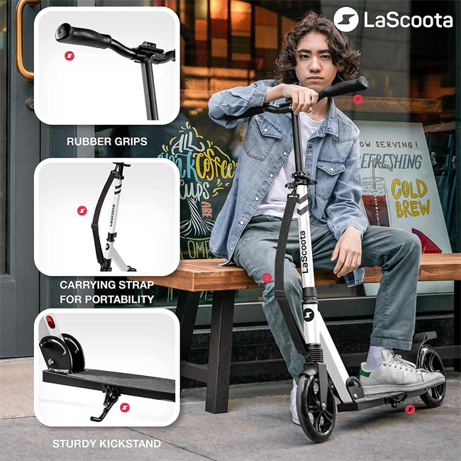 LaScoota Professional Scooter for Ages 6+, Teens & Adults I Lightweight & Big Sturdy Wheels for Kids, Teen and Adults. A Foldable Kick Scooter for Indoor & Outdoor Fun. Great Gift & Toy. Up to 220 lbs